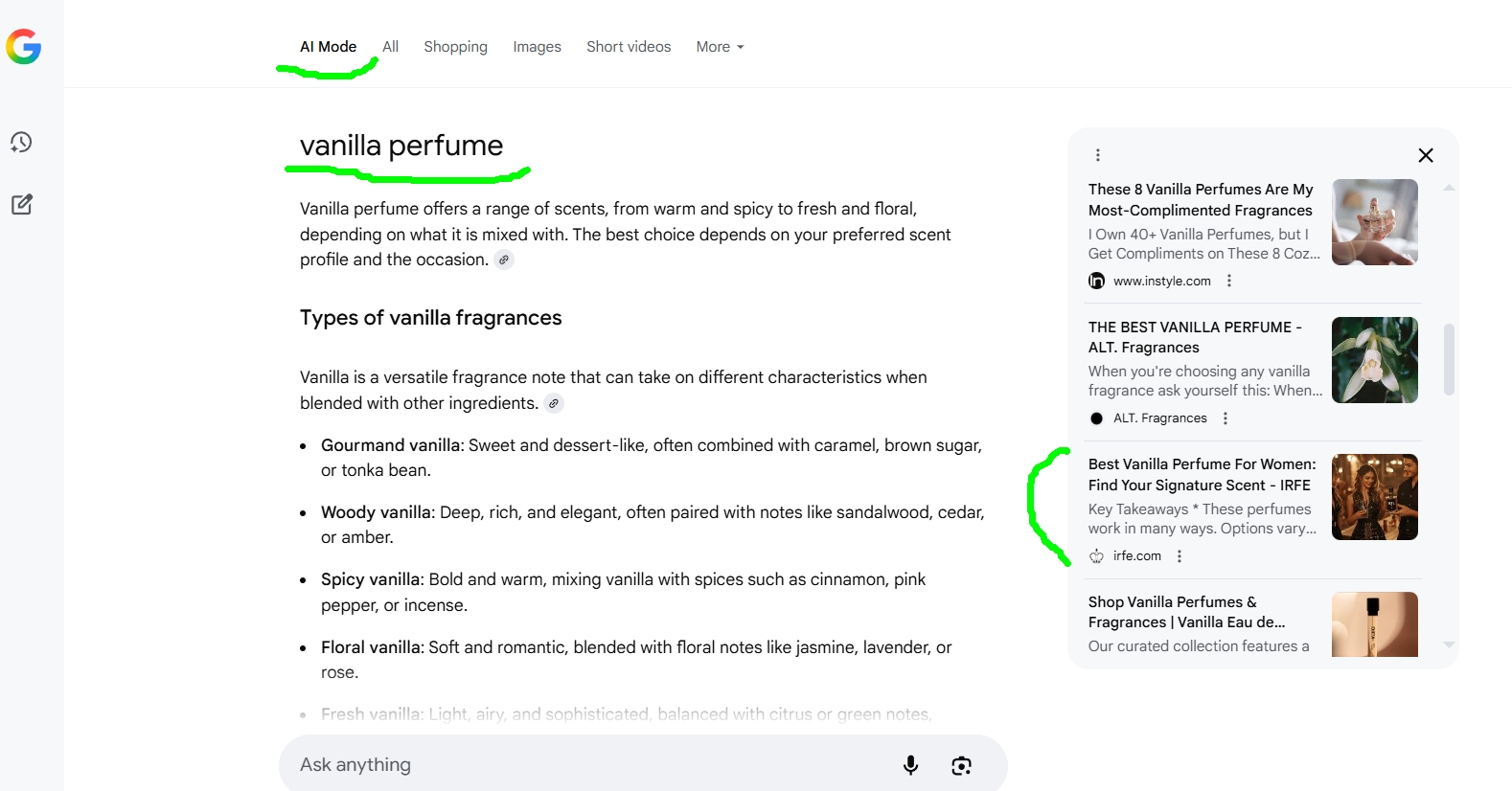 Google AI Mode answer for vanilla perfume with an IRFĒ article in the linked source panel.