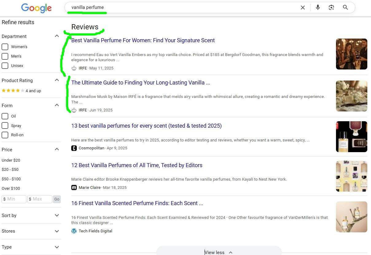 Google’s Reviews section for vanilla perfume showing two IRFĒ articles before Cosmopolitan and Marie Claire.