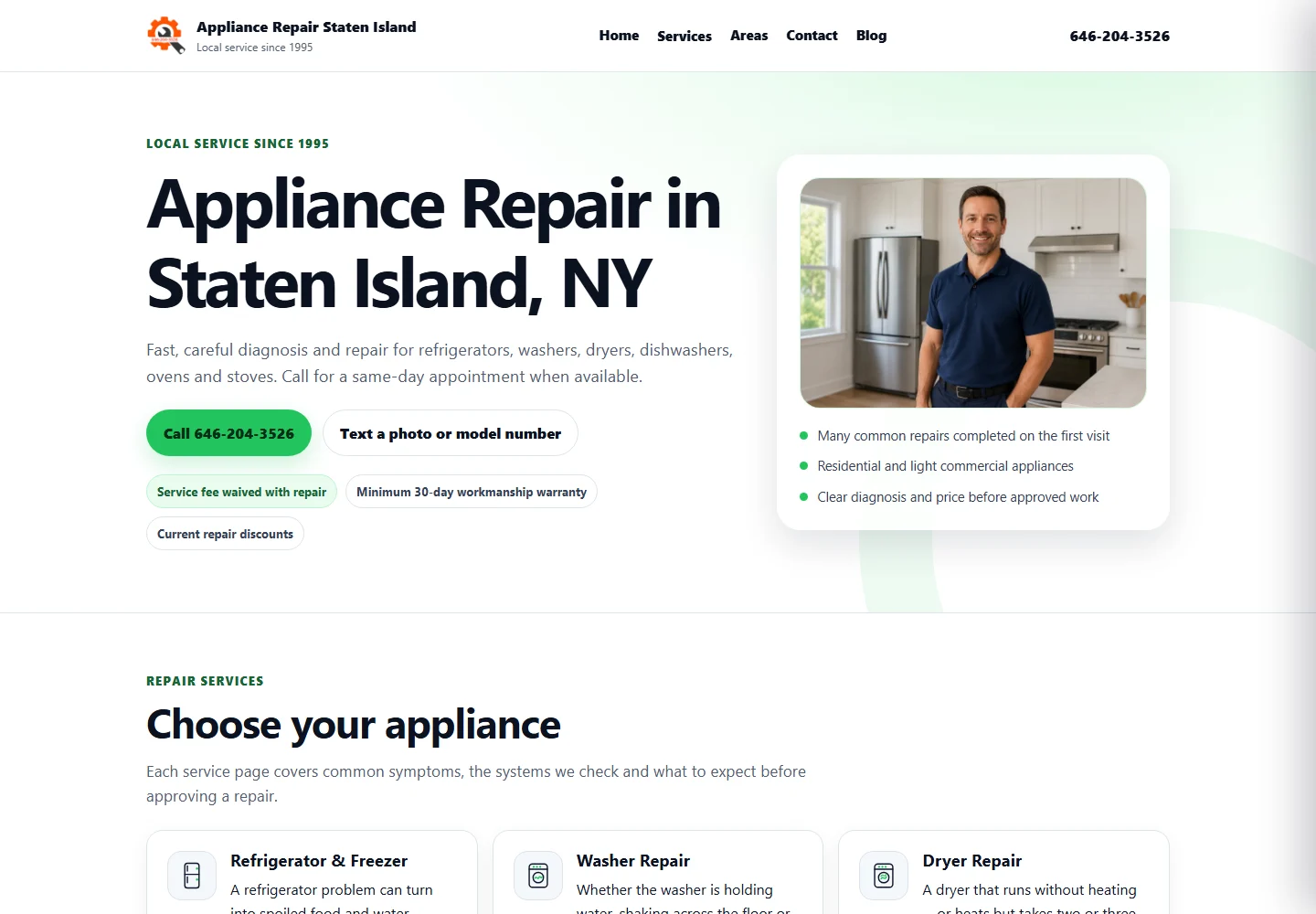 Appliance Repair Staten Island homepage with service information and call and text options.
