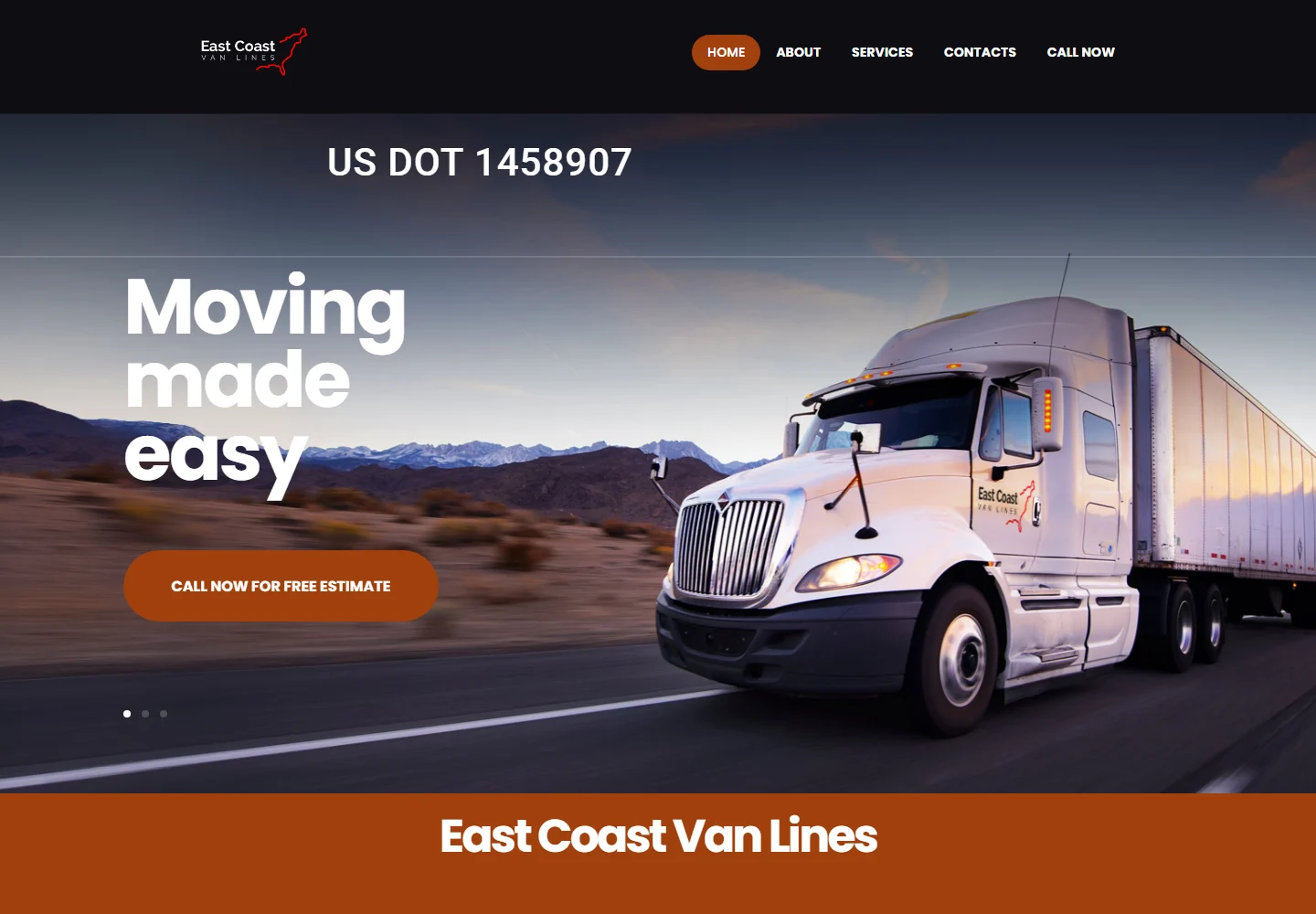 East Coast Van Lines homepage with a moving truck and a free-estimate call to action.