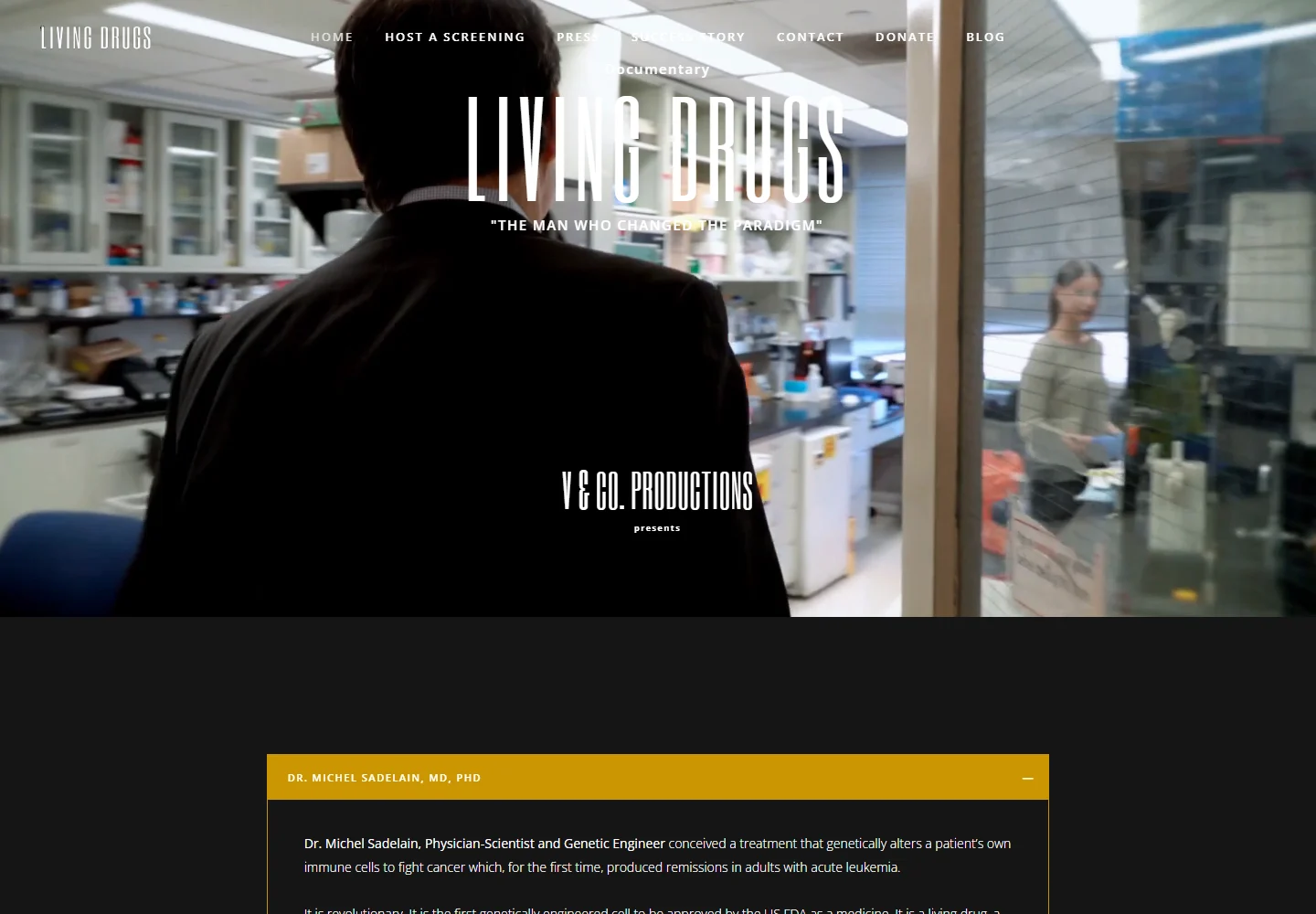 Living Drugs documentary website with the film title over a frame from its background video.