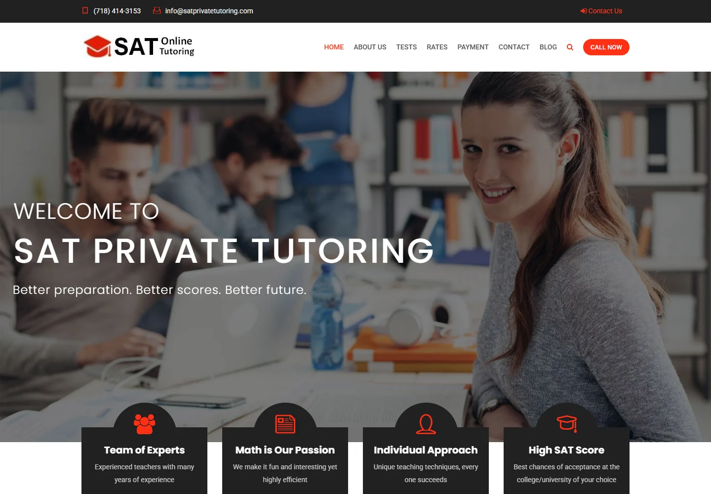 SAT Private Tutoring homepage with exam-preparation information and contact navigation.