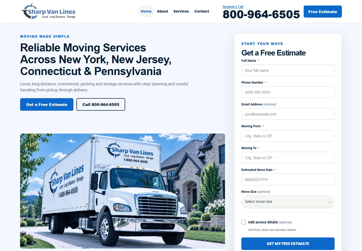 Sharp Van Lines homepage with moving services, a branded truck and an estimate enquiry form.