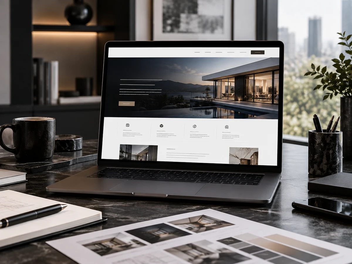 Business website concept displayed on a laptop in an architectural workspace.