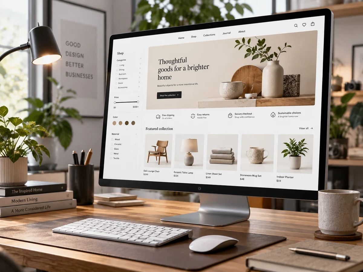 Ecommerce storefront concept with product filters and a home-goods catalog on a desktop monitor.