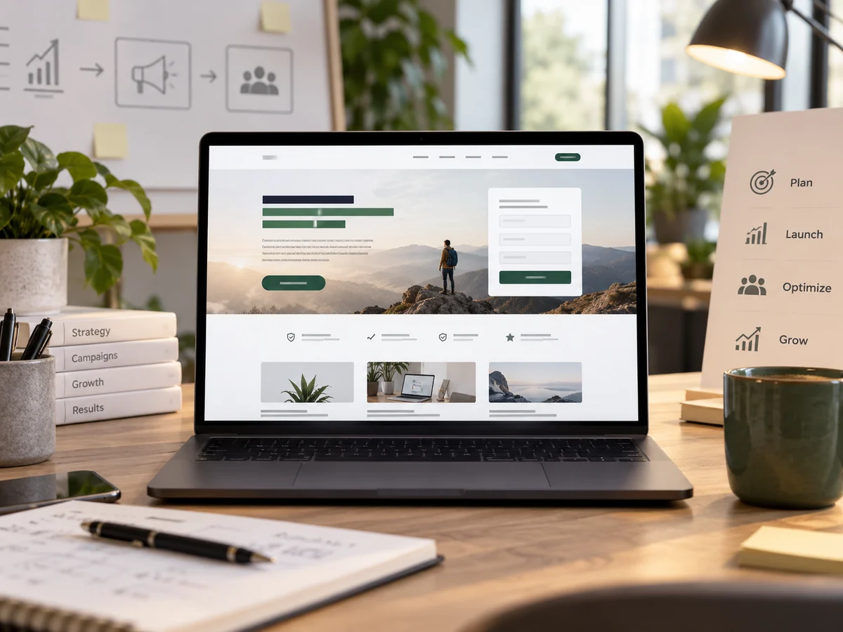 Landing page concept with a focused offer and enquiry form displayed on a laptop.